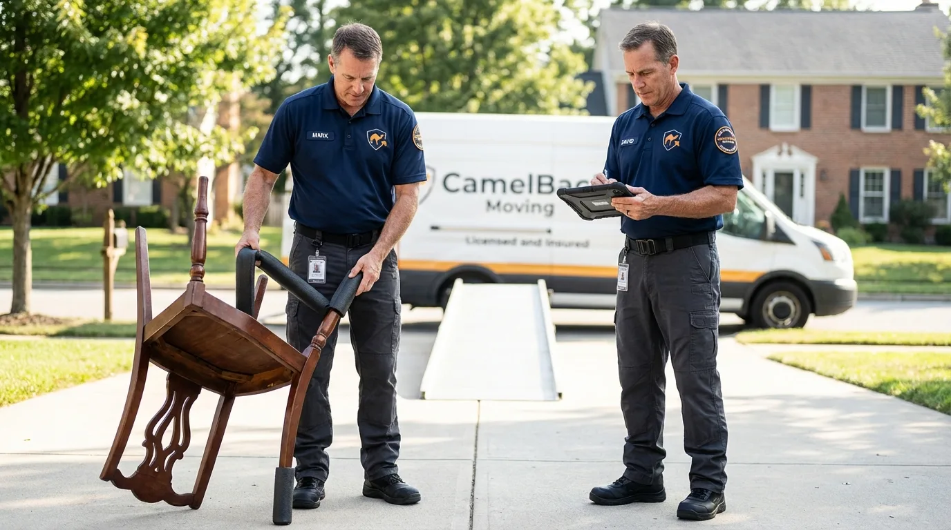 Movers inspecting furniture for damage prevention before loading in Soap Lake, WA