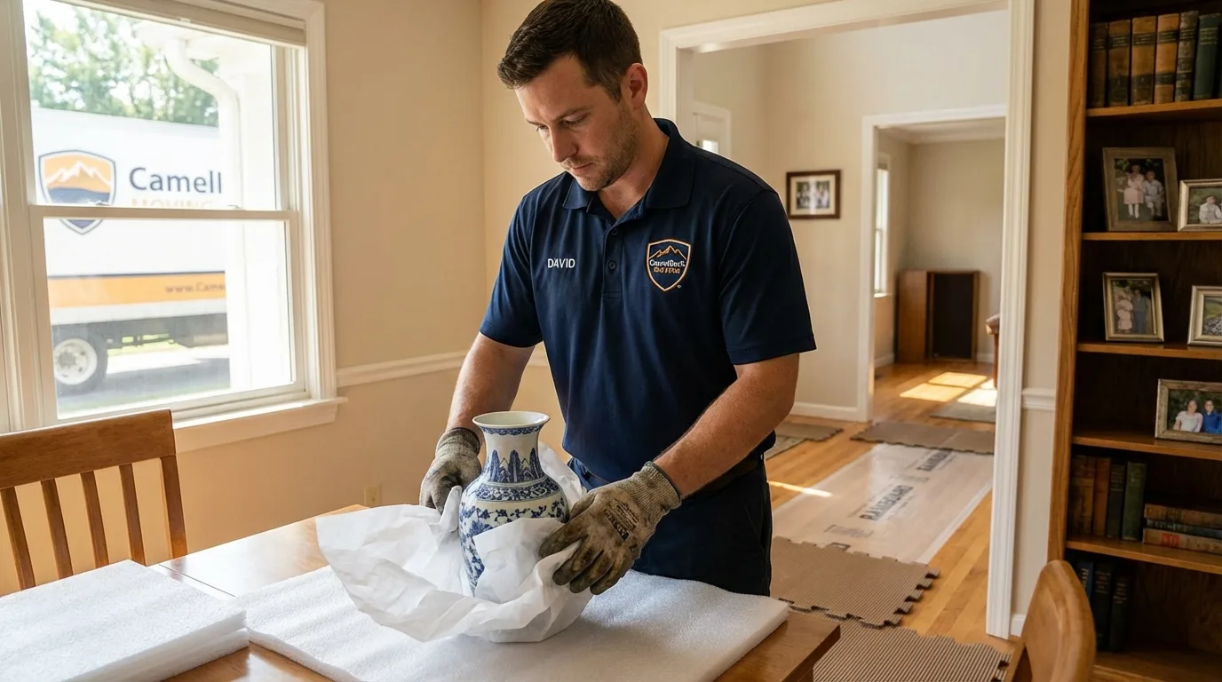 Professional crew carefully wrapping antique vase for senior downsizing move in Soap Lake, WA